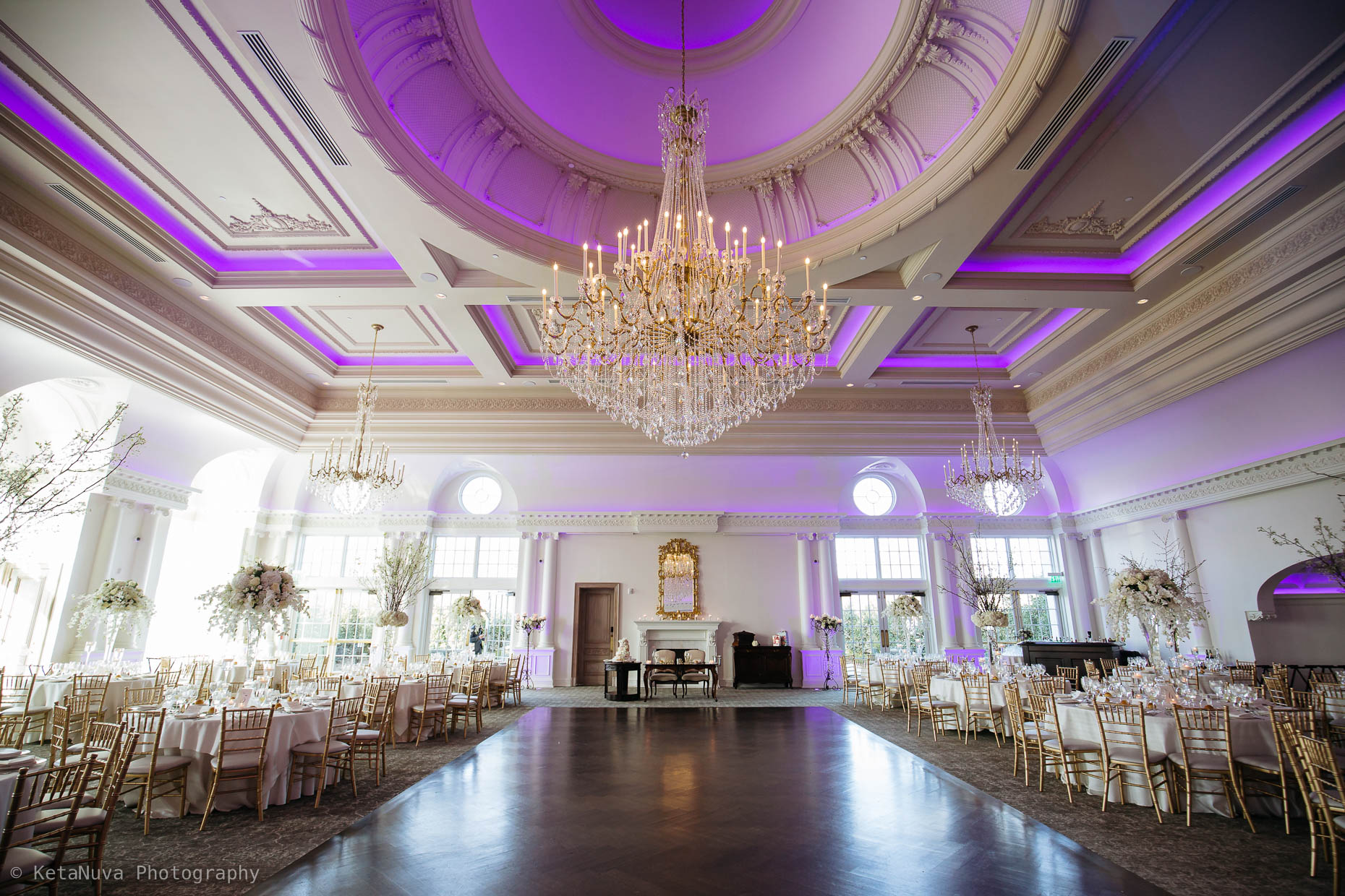 The grand Ballroom at the Park Chateau Estate and Gardens wedding venue. 